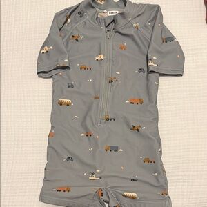 9-12 M Kids Gray Swim One-Piece with Fun Vehicle Print